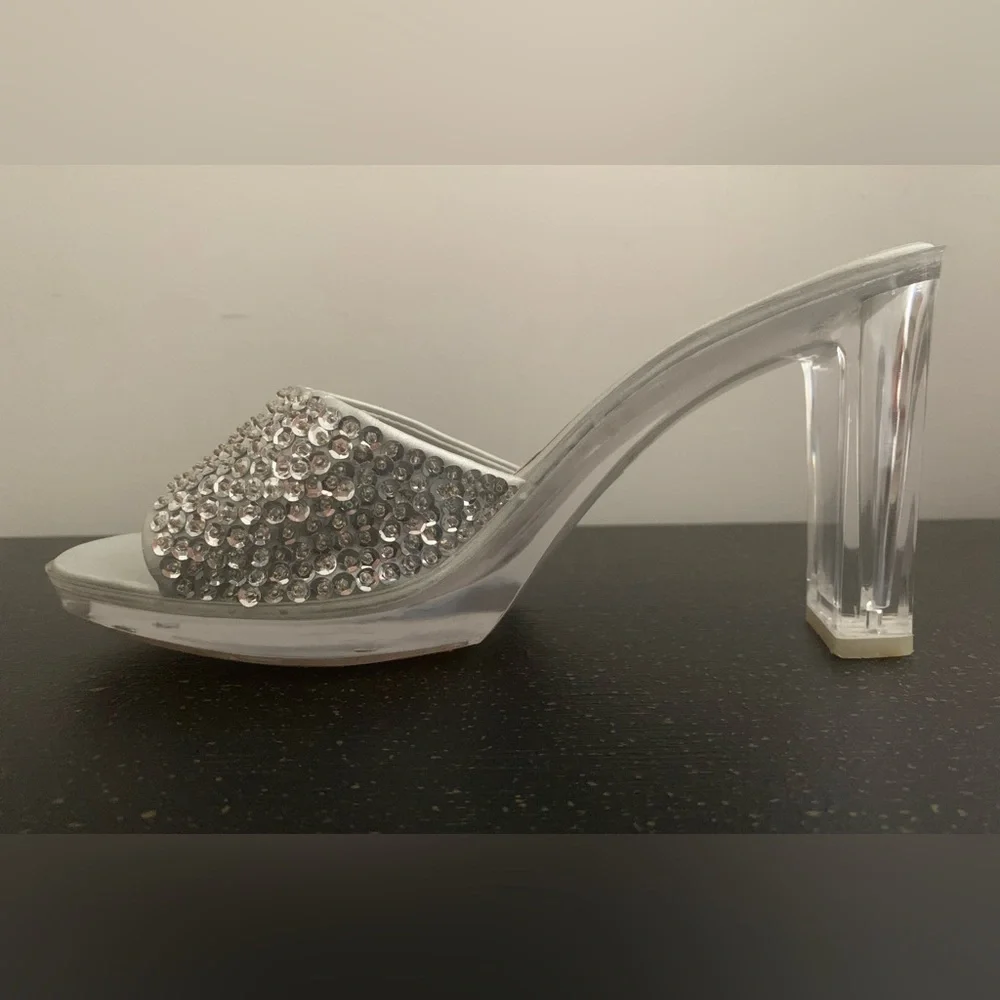 Vintage Silver Sequins High Heels with Clear Heels
